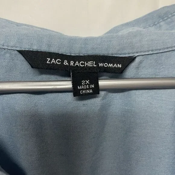 Zac & Rachel Women 2X Chambray Button Up Shirt Blue Tunic Roll Tab Sleeve Top - Picture 6 of 9